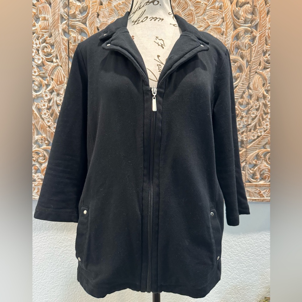 Karen Scott Black Sport Black Zip-Up 3/4 Sleeve Sweatshirt Jacket size PL